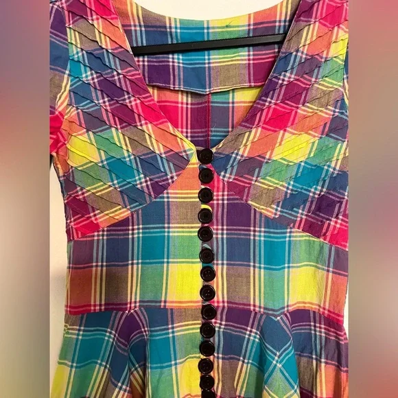 Retro inspired Handmade Cutesy Rainbow Plaid Women's Dress - Picture 2 of 9